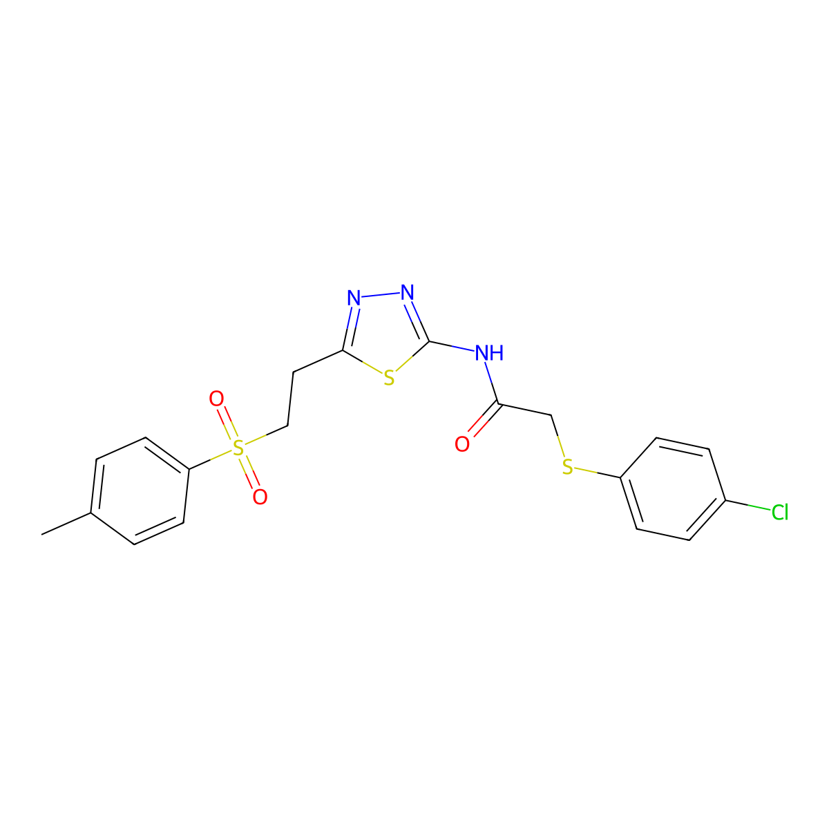 2-[(4-chlorophenyl)thio]-N-(5-{2-[(4-methylphenyl)sulfonyl]ethyl}-1,3,4-thiadiazol-2-yl)acetamide molecular structure, CAS 361472-89-1