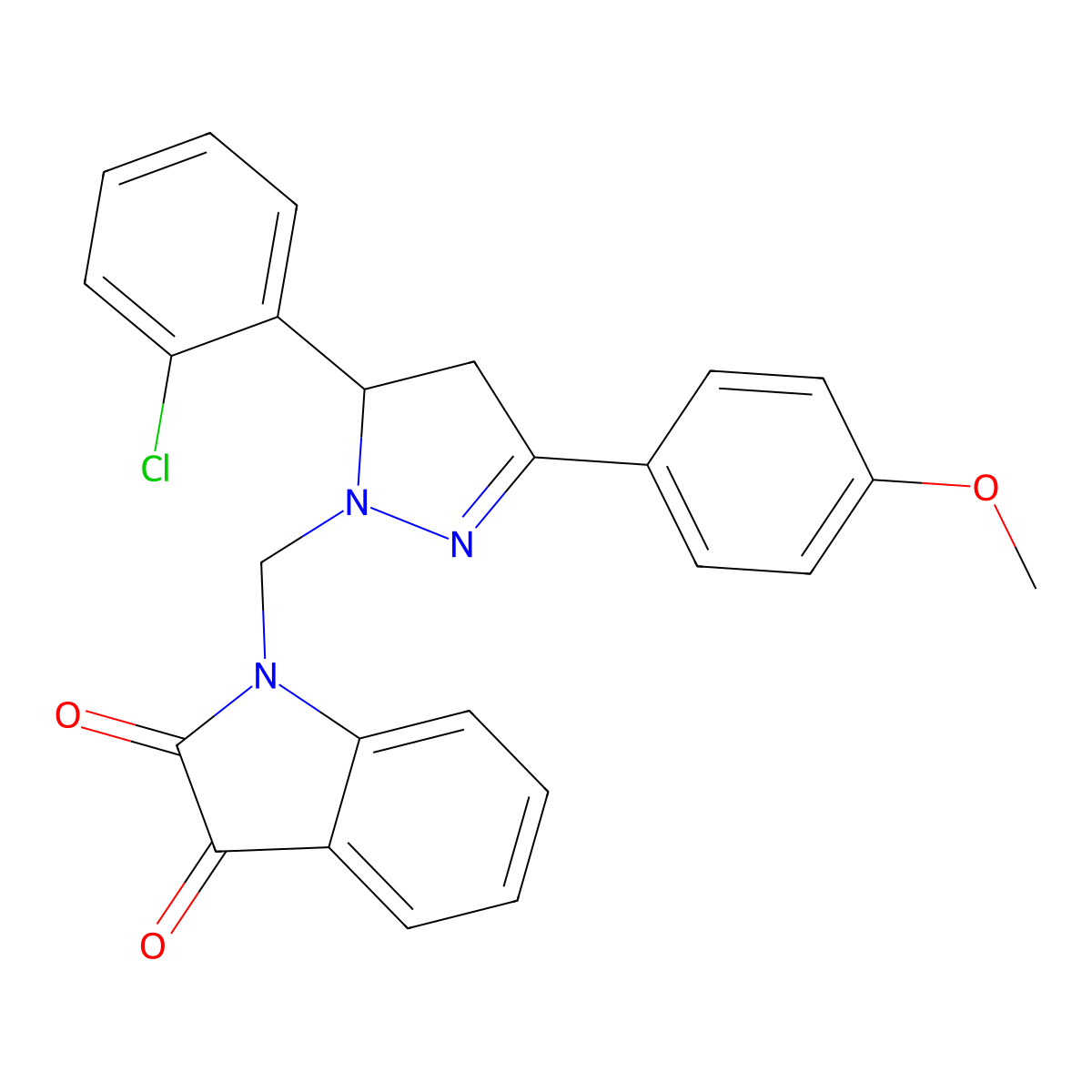 1-((5-(2-chlorophenyl)-3-(4-methoxyphenyl)-4,5-dihydro-1H-pyrazol-1-yl)methyl)indoline-2,3-dione molecular structure, CAS 361473-83-8