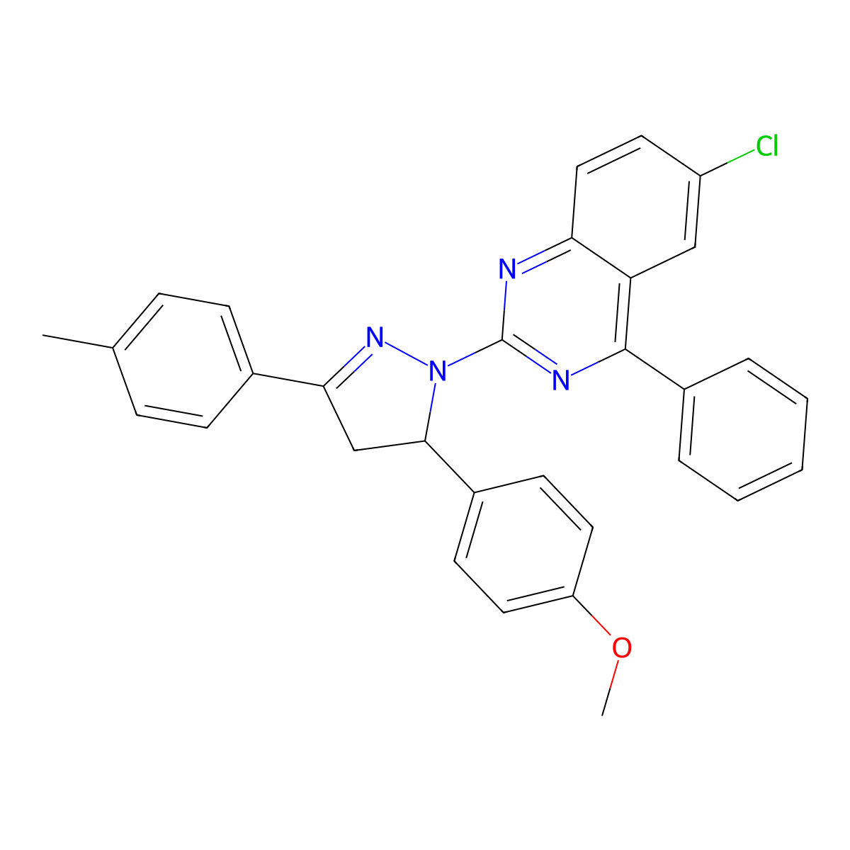 6-chloro-2-(5-(4-methoxyphenyl)-3-(p-tolyl)-4,5-dihydro-1H-pyrazol-1-yl)-4-phenylquinazoline molecular structure, CAS 361474-64-8