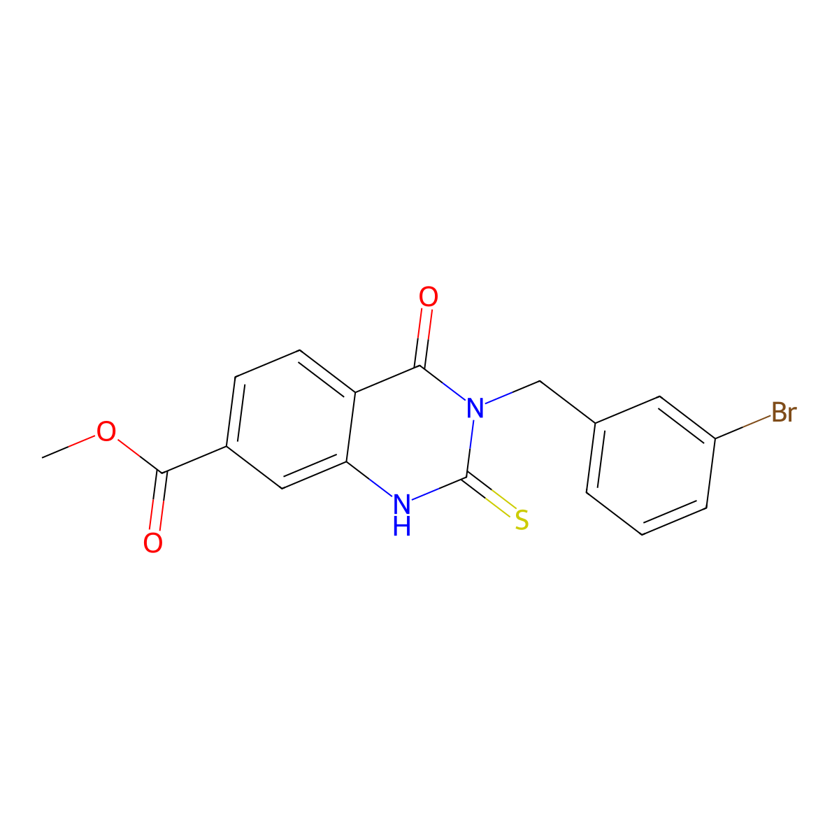 Methyl 3-[(3-bromophenyl)methyl]-4-oxo-2-sulfanylidene-1H-quinazoline-7-carboxylate molecular structure, CAS 361475-04-9