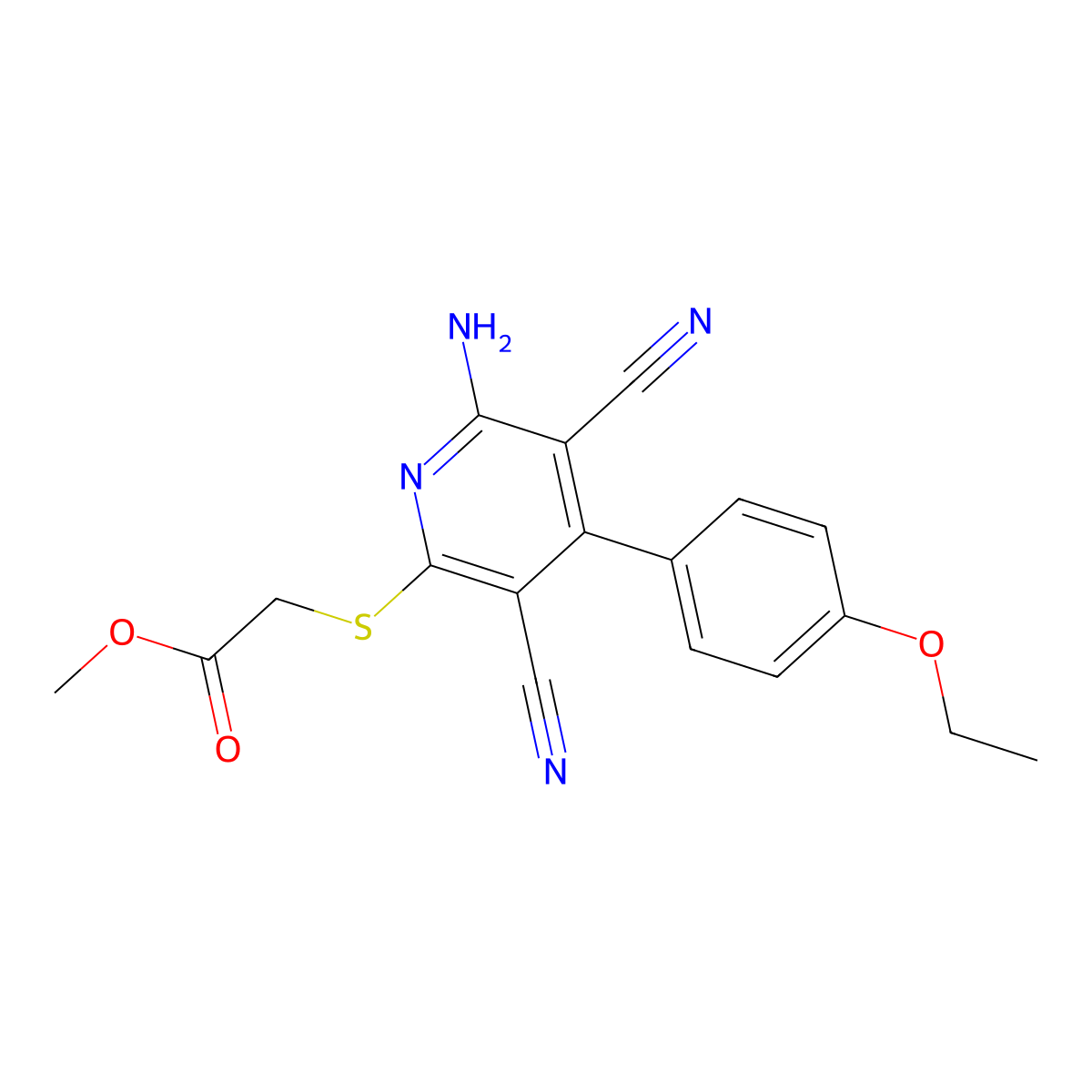 Methyl 2-((6-amino-3,5-dicyano-4-(4-ethoxyphenyl)pyridin-2-yl)thio)acetate molecular structure, CAS 361477-84-1