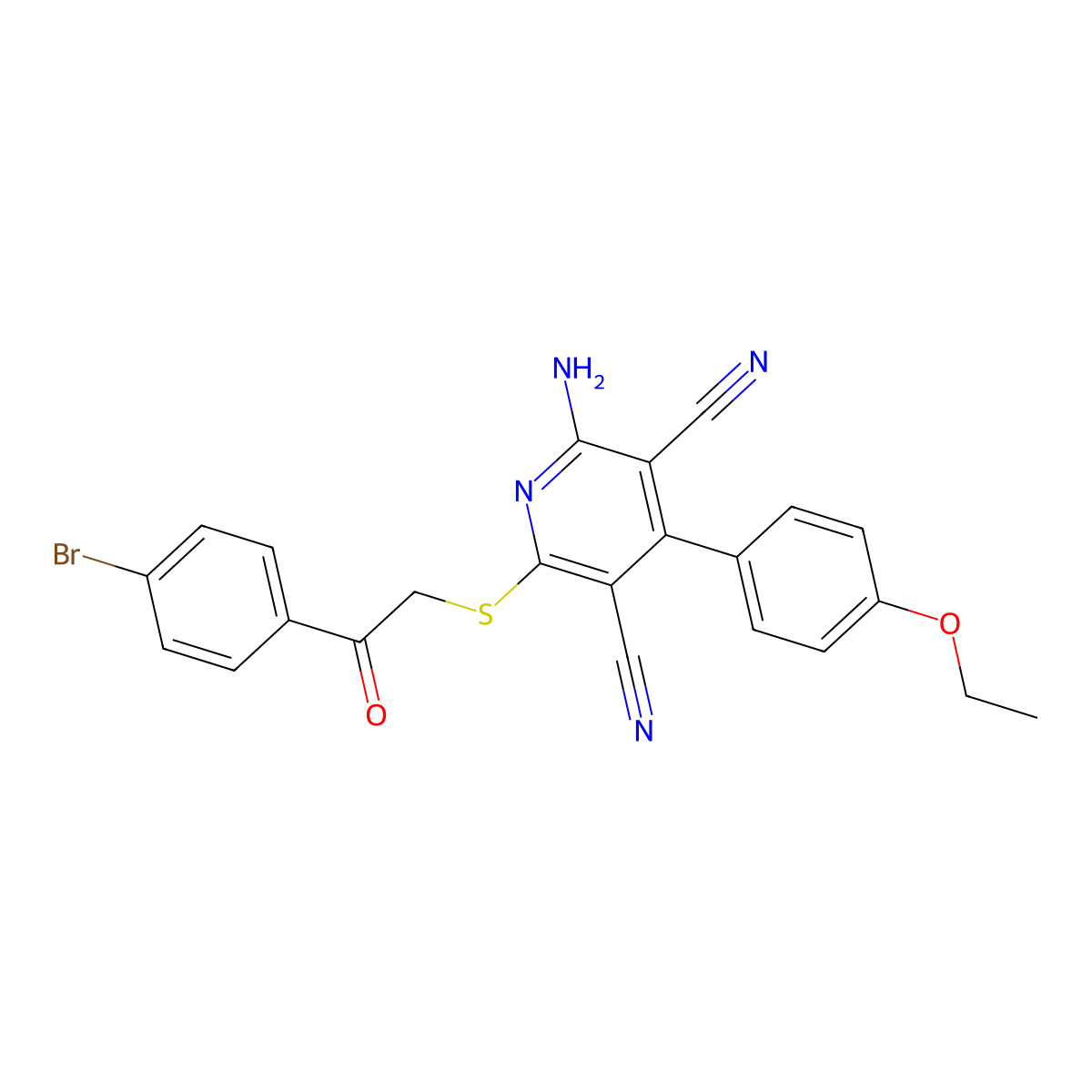 2-Amino-6-((2-(4-bromophenyl)-2-oxoethyl)thio)-4-(4-ethoxyphenyl)pyridine-3,5-dicarbonitrile molecular structure, CAS 361477-91-0