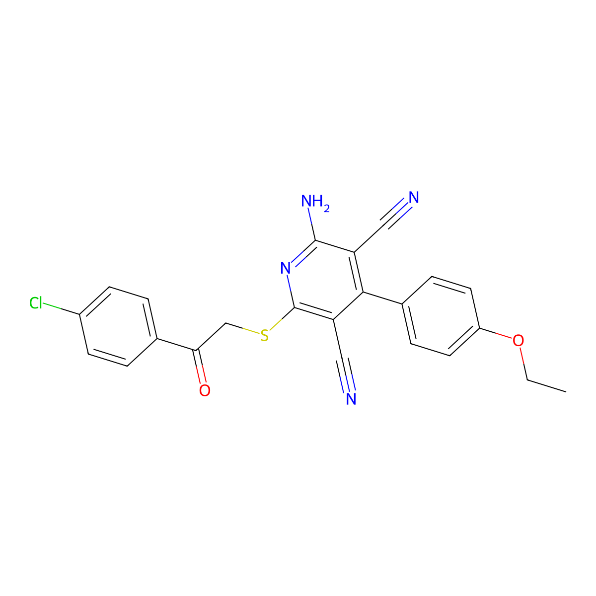 2-Amino-6-((2-(4-chlorophenyl)-2-oxoethyl)thio)-4-(4-ethoxyphenyl)pyridine-3,5-dicarbonitrile molecular structure, CAS 361477-92-1