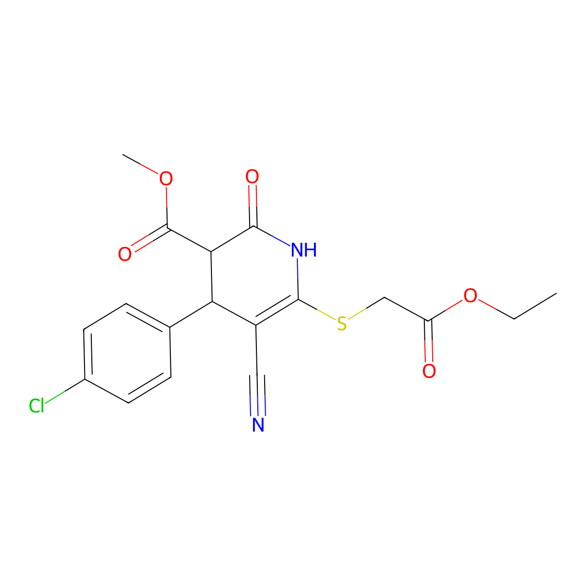 methyl 4-(4-chlorophenyl)-5-cyano-6-(2-ethoxy-2-oxoethyl)sulfanyl-2-oxo-3,4-dihydro-1H-pyridine-3-carboxylate molecular structure, CAS 361478-17-3