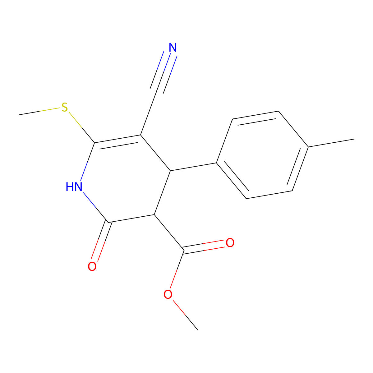 methyl 5-cyano-4-(4-methylphenyl)-6-methylsulfanyl-2-oxo-3,4-dihydro-1H-pyridine-3-carboxylate molecular structure, CAS 361478-34-4