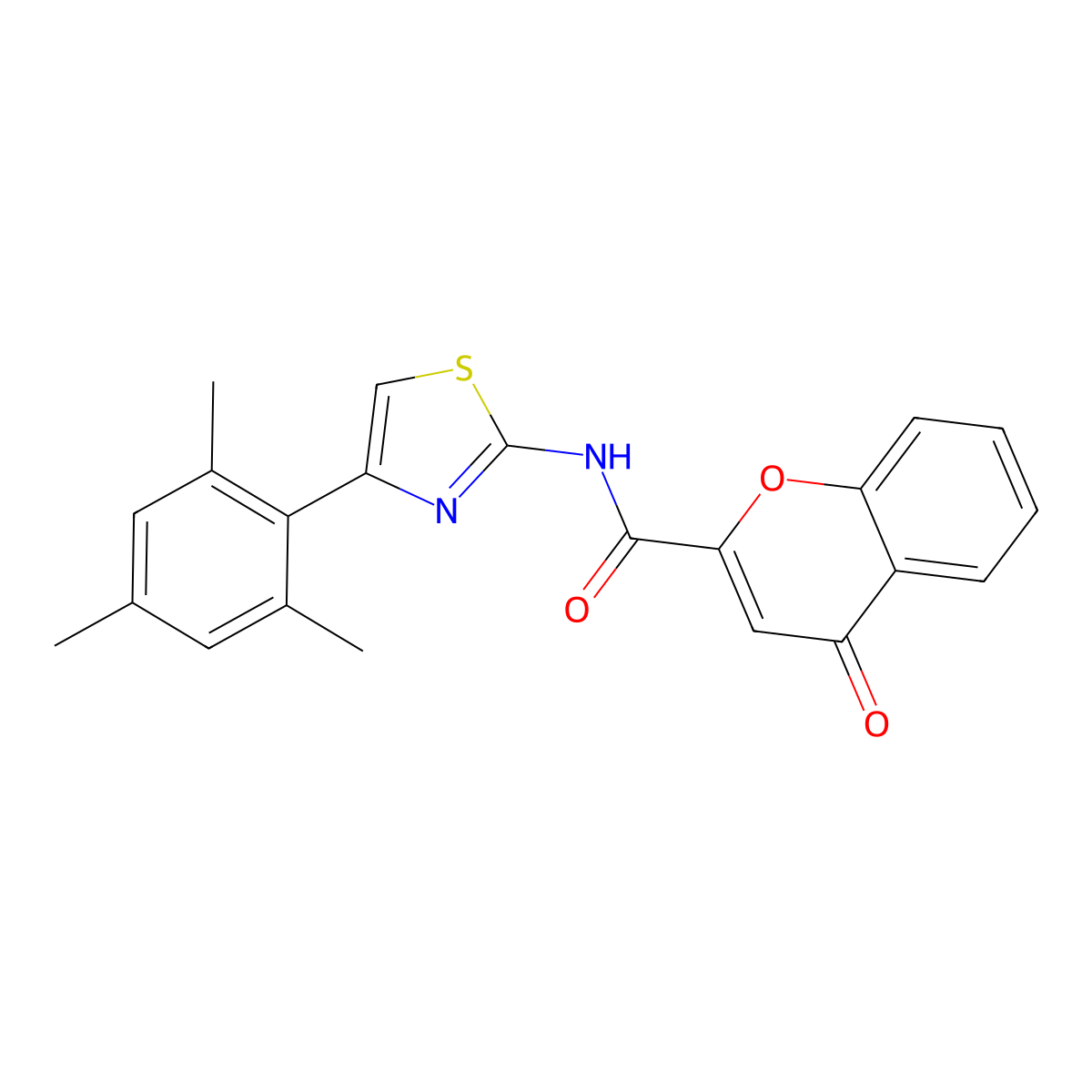 N-(4-mesitylthiazol-2-yl)-4-oxo-4H-chromene-2-carboxamide molecular structure, CAS 361478-45-7