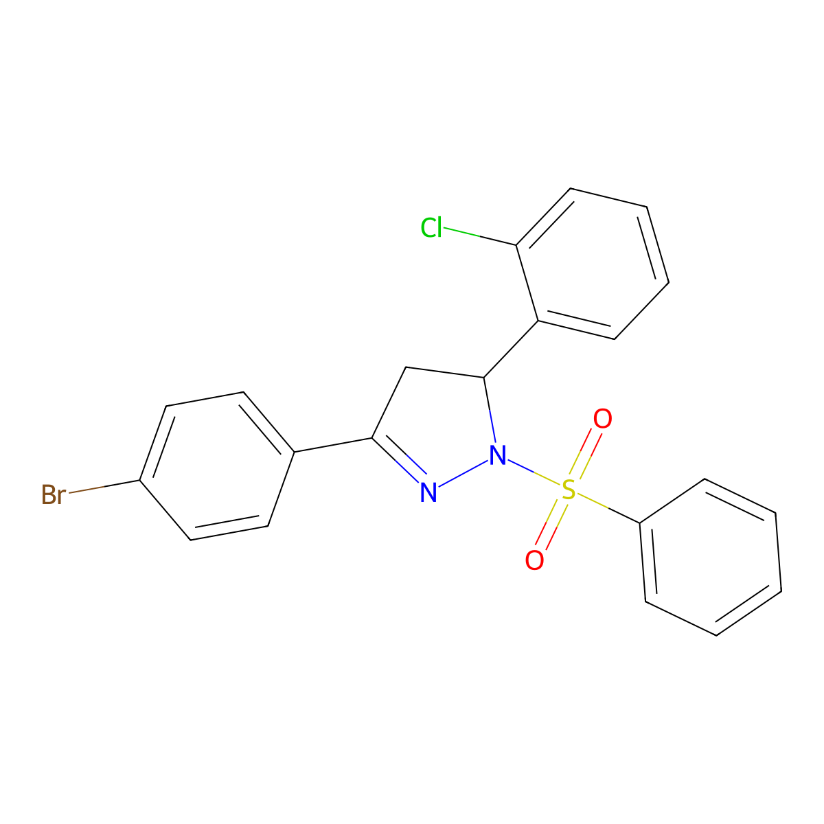 3-(4-bromophenyl)-5-(2-chlorophenyl)-1-(phenylsulfonyl)-4,5-dihydro-1H-pyrazole molecular structure, CAS 361479-01-8