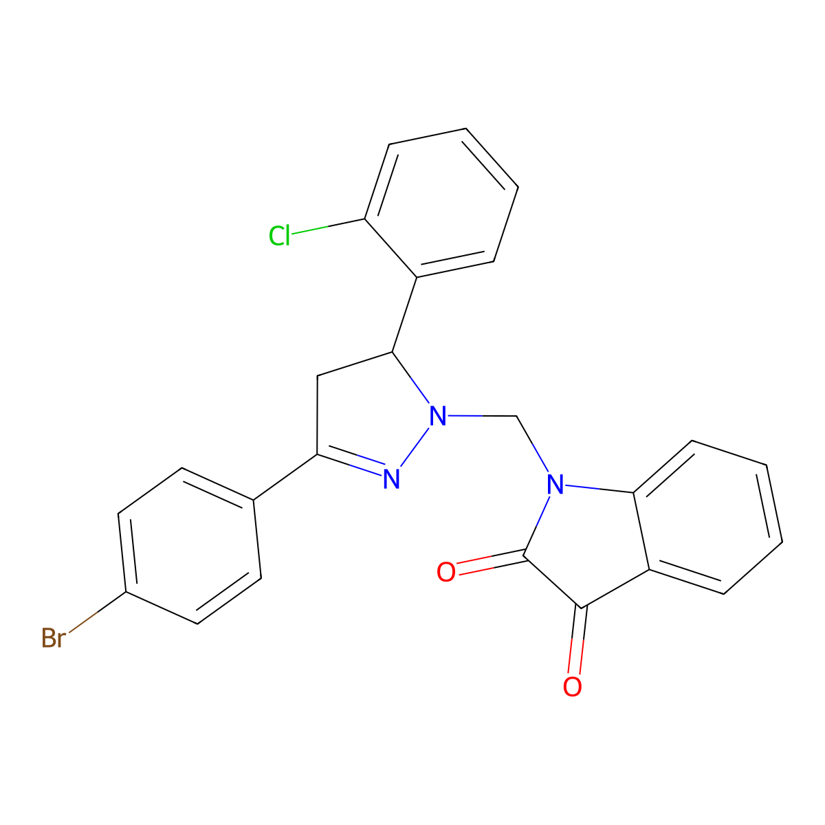 1-((3-(4-bromophenyl)-5-(2-chlorophenyl)-4,5-dihydro-1H-pyrazol-1-yl)methyl)indoline-2,3-dione molecular structure, CAS 361479-10-9