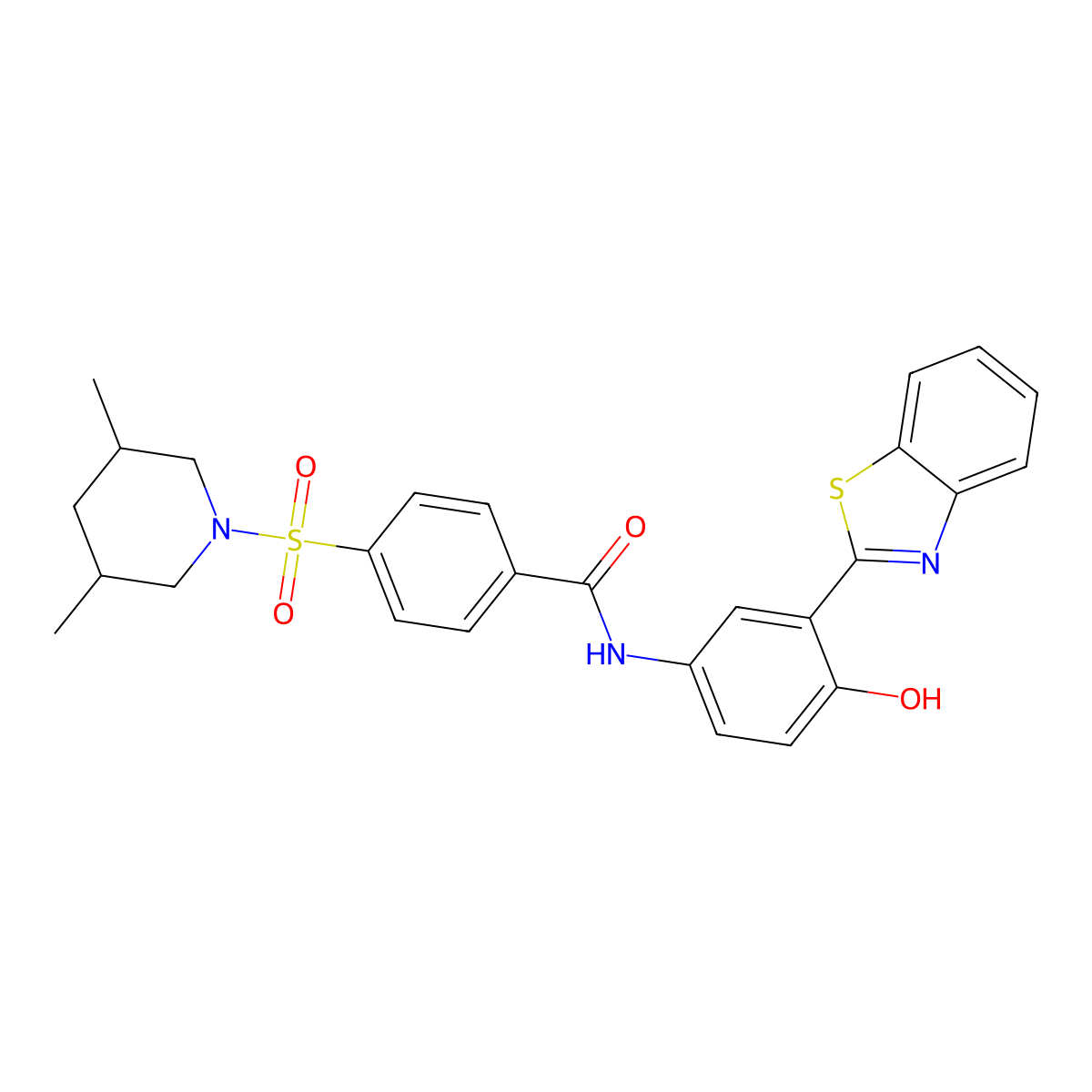 N-(3-(benzo[d]thiazol-2-yl)-4-hydroxyphenyl)-4-((3,5-dimethylpiperidin-1-yl)sulfonyl)benzamide molecular structure, CAS 361479-34-7