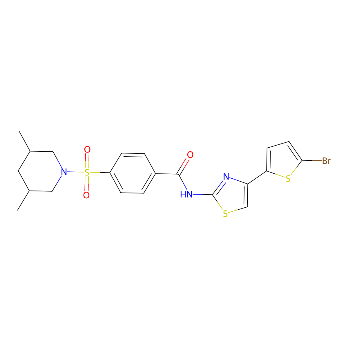 N-(4-(5-bromothiophen-2-yl)thiazol-2-yl)-4-((3,5-dimethylpiperidin-1-yl)sulfonyl)benzamide molecular structure, CAS 361479-37-0