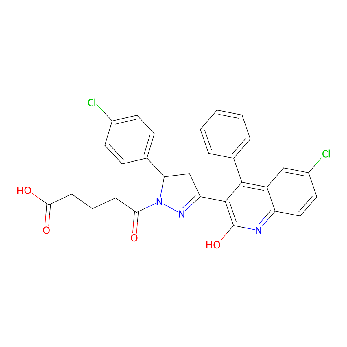 5-(3-(6-chloro-2-oxo-4-phenyl-1,2-dihydroquinolin-3-yl)-5-(4-chlorophenyl)-4,5-dihydro-1H-pyrazol-1-yl)-5-oxopentanoic acid molecular structure, CAS 361479-86-9