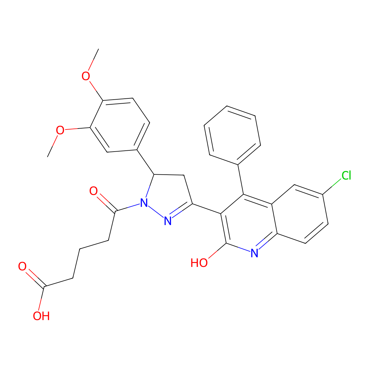 5-(3-(6-chloro-2-oxo-4-phenyl-1,2-dihydroquinolin-3-yl)-5-(3,4-dimethoxyphenyl)-4,5-dihydro-1H-pyrazol-1-yl)-5-oxopentanoic acid molecular structure, CAS 361479-89-2