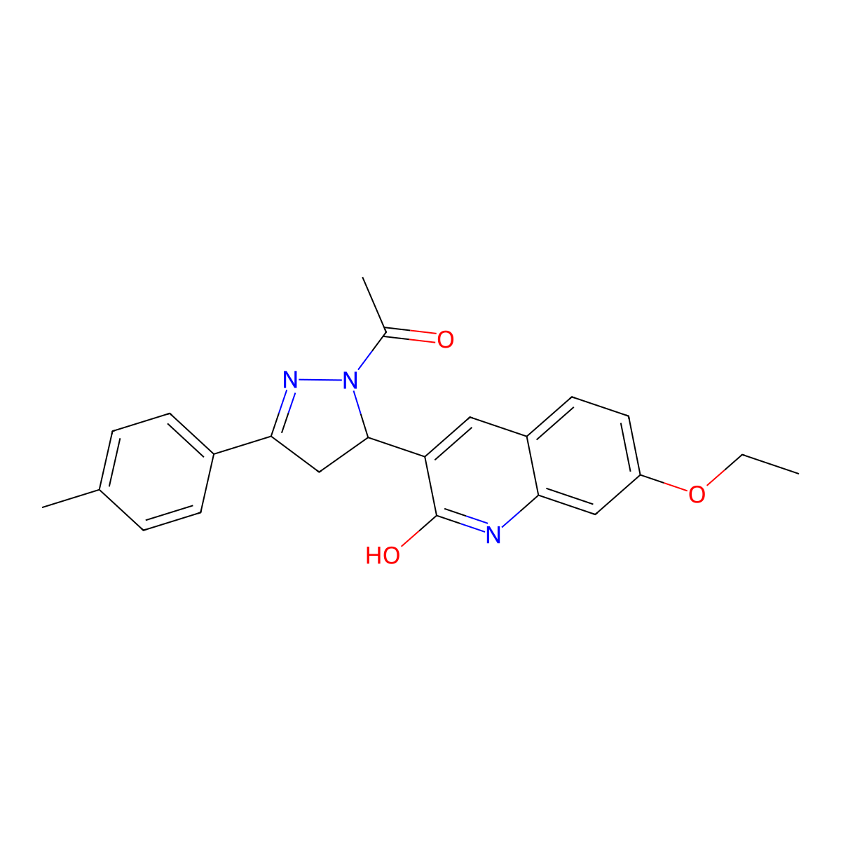 3-(1-acetyl-3-(p-tolyl)-4,5-dihydro-1H-pyrazol-5-yl)-7-ethoxyquinolin-2(1H)-one molecular structure, CAS 361479-91-6