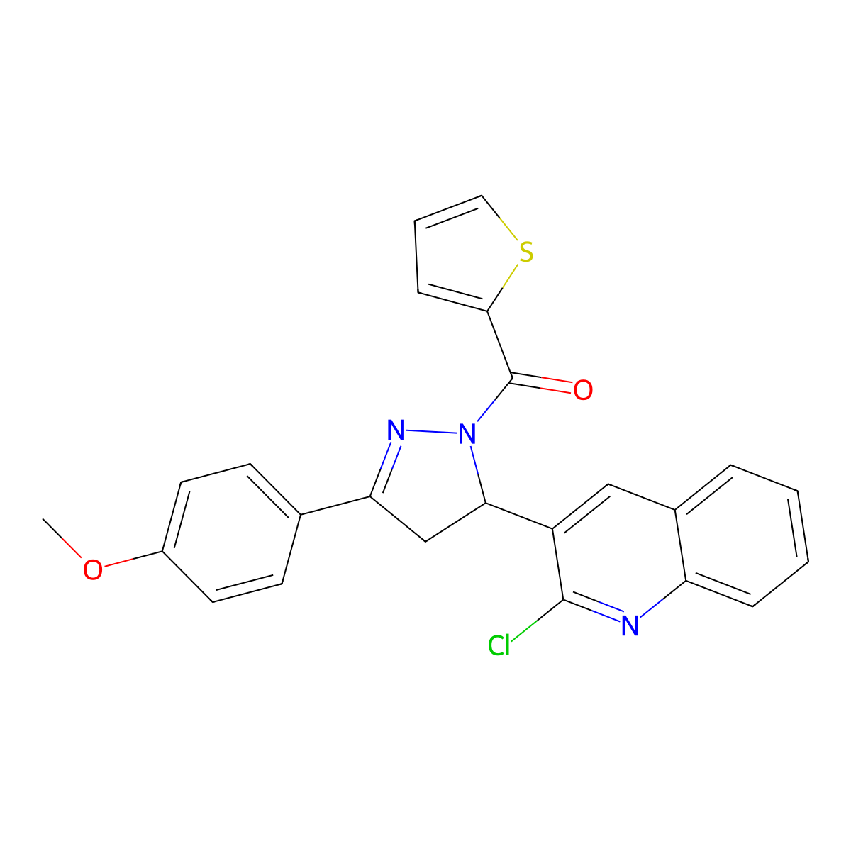 (5-(2-chloroquinolin-3-yl)-3-(4-methoxyphenyl)-4,5-dihydro-1H-pyrazol-1-yl)(thiophen-2-yl)methanone molecular structure, CAS 361480-15-1
