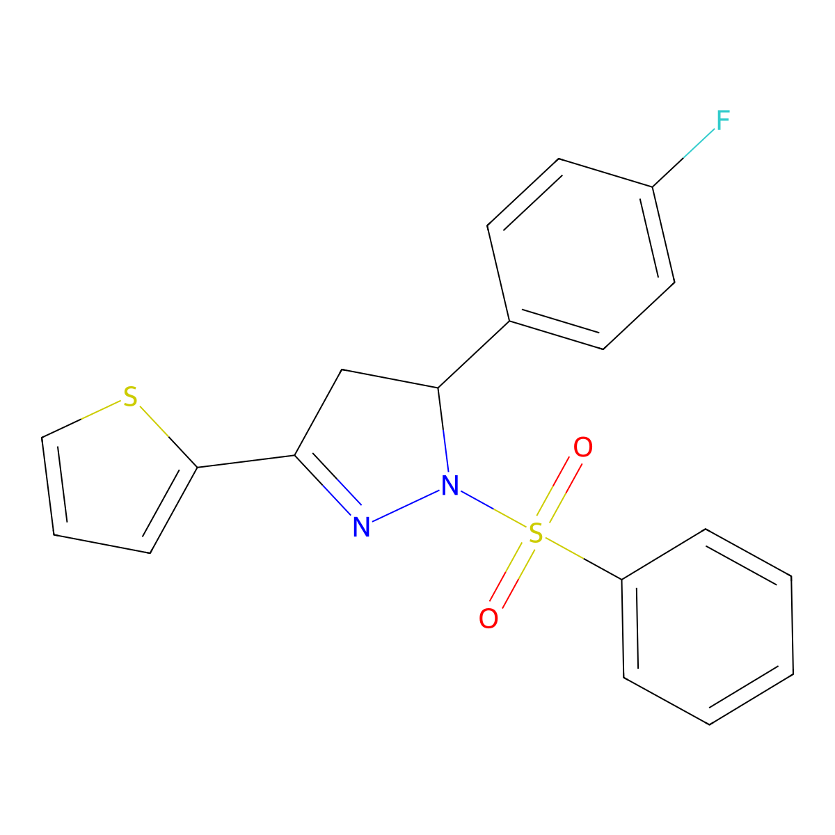 5-(4-fluorophenyl)-1-(phenylsulfonyl)-3-(thiophen-2-yl)-4,5-dihydro-1H-pyrazole molecular structure, CAS 361480-24-2