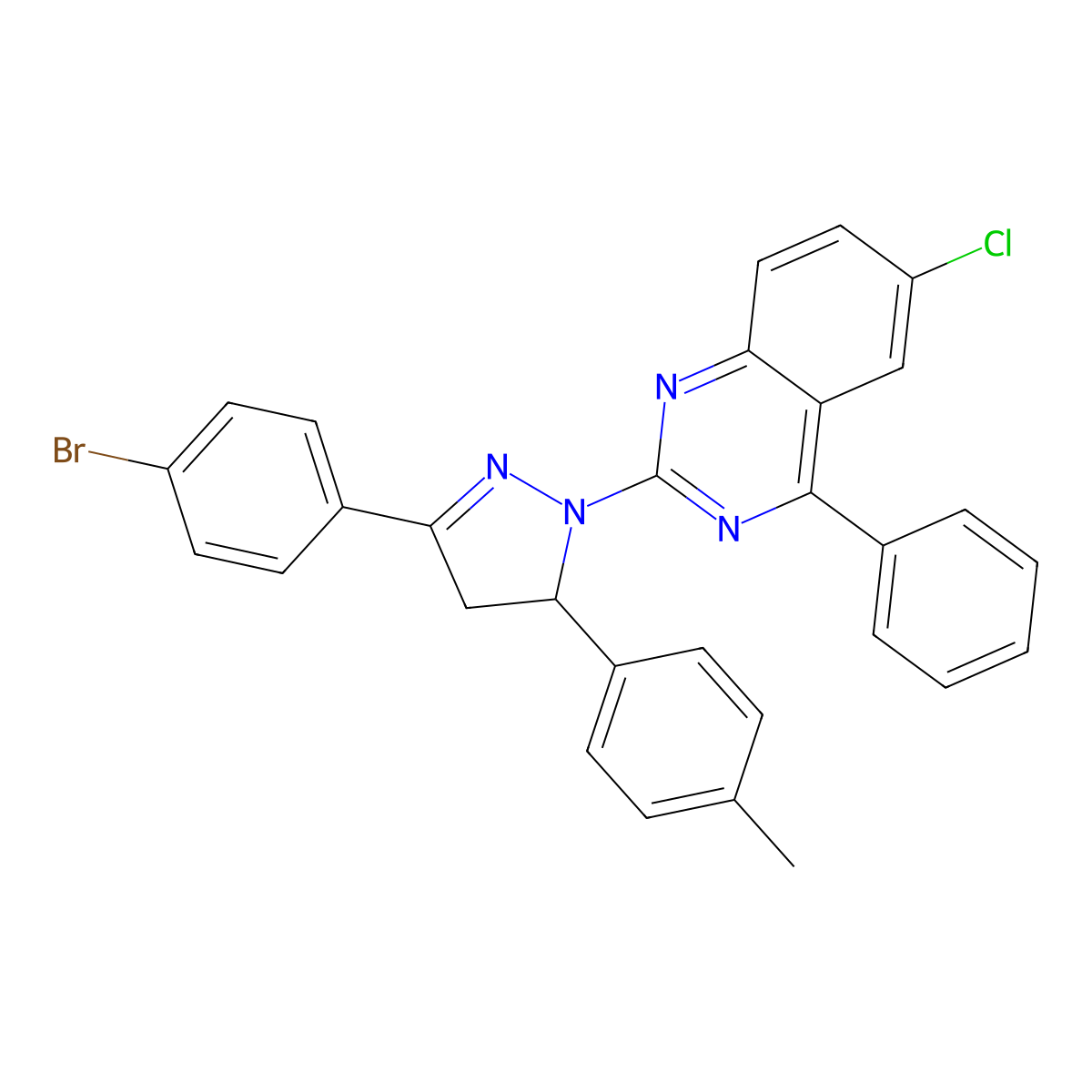 2-(3-(4-bromophenyl)-5-(p-tolyl)-4,5-dihydro-1H-pyrazol-1-yl)-6-chloro-4-phenylquinazoline molecular structure, CAS 361480-25-3