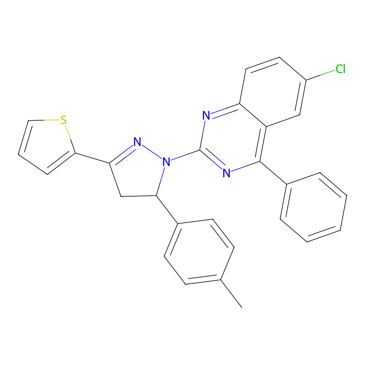 6-chloro-4-phenyl-2-(3-(thiophen-2-yl)-5-(p-tolyl)-4,5-dihydro-1H-pyrazol-1-yl)quinazoline molecular structure, CAS 361480-26-4