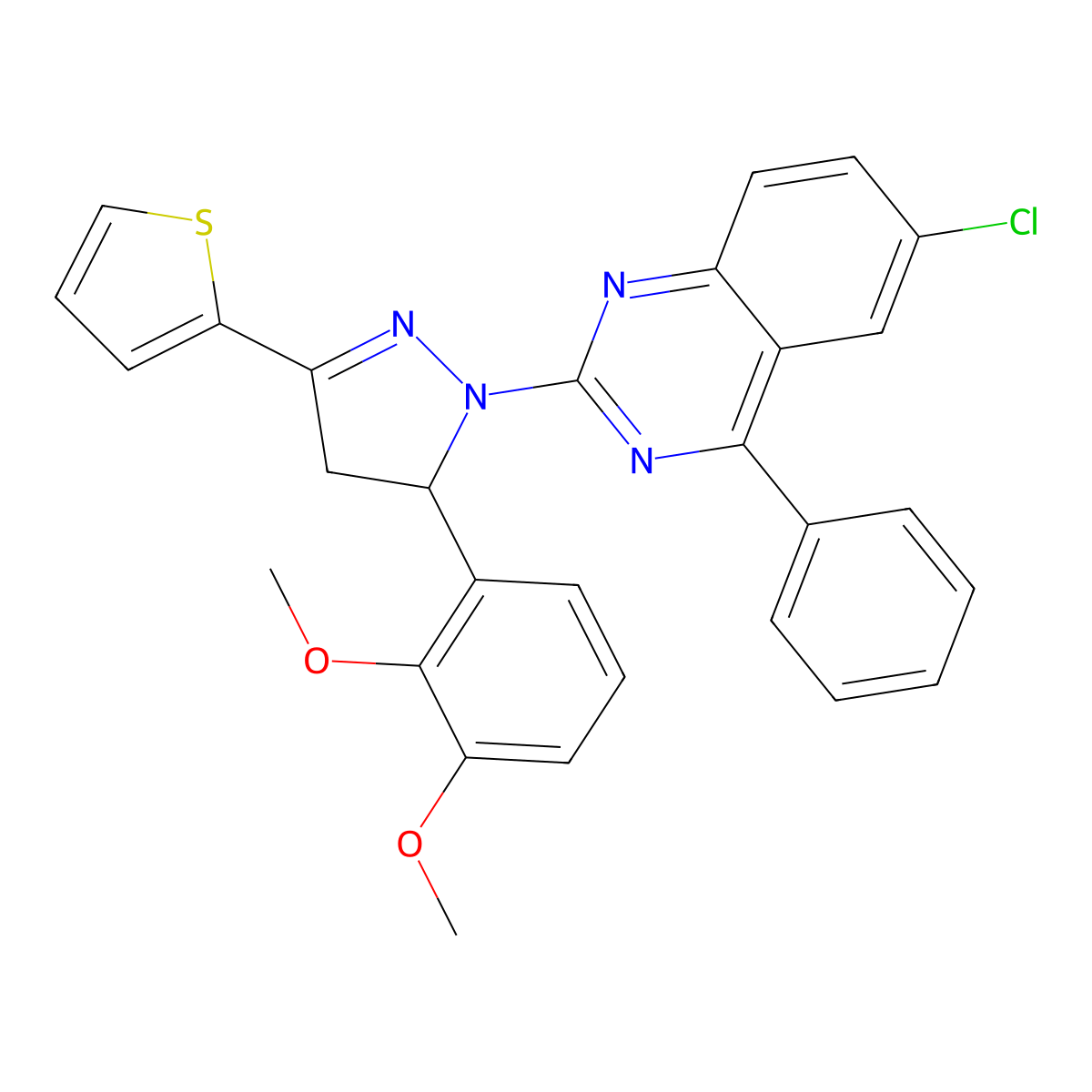 6-chloro-2-[5-(2,3-dimethoxyphenyl)-3-(thiophen-2-yl)-4,5-dihydro-1H-pyrazol-1-yl]-4-phenylquinazoline molecular structure, CAS 361480-27-5