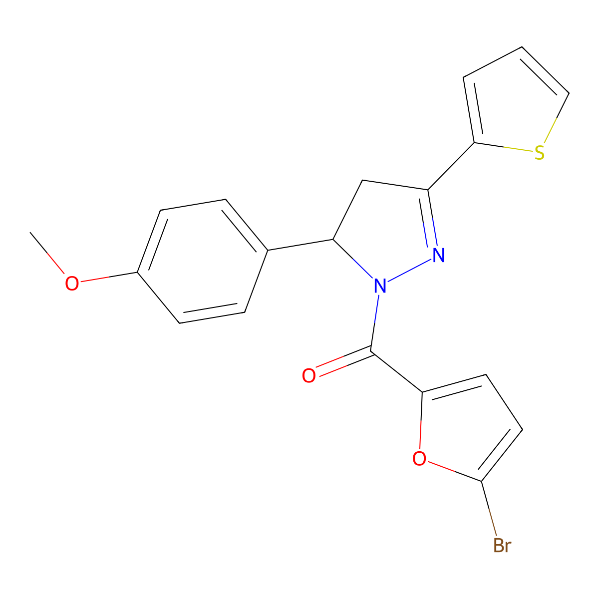 (5-Bromofuran-2-yl)-[3-(4-methoxyphenyl)-5-thiophen-2-yl-3,4-dihydropyrazol-2-yl]methanone molecular structure, CAS 361480-29-7