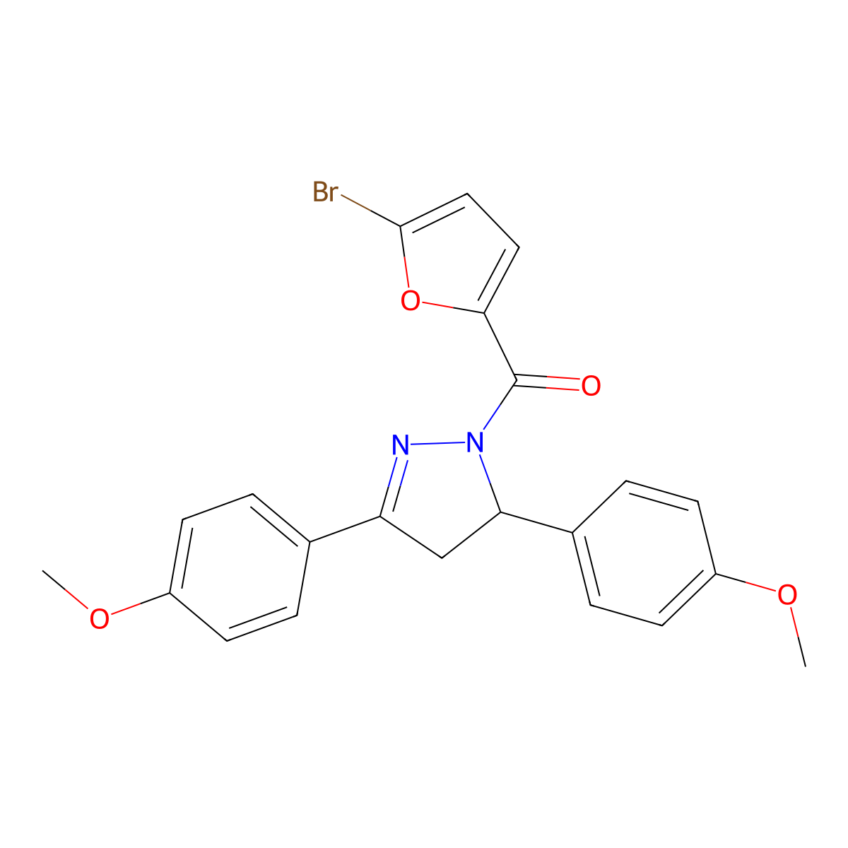 (3,5-bis(4-methoxyphenyl)-4,5-dihydro-1H-pyrazol-1-yl)(5-bromofuran-2-yl)methanone molecular structure, CAS 361480-30-0