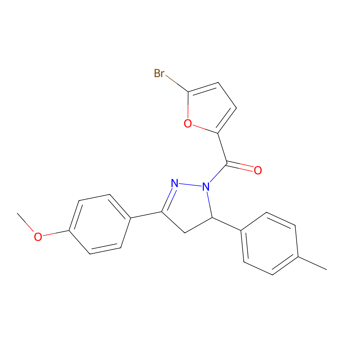 (5-bromofuran-2-yl)(3-(4-methoxyphenyl)-5-(p-tolyl)-4,5-dihydro-1H-pyrazol-1-yl)methanone molecular structure, CAS 361480-31-1