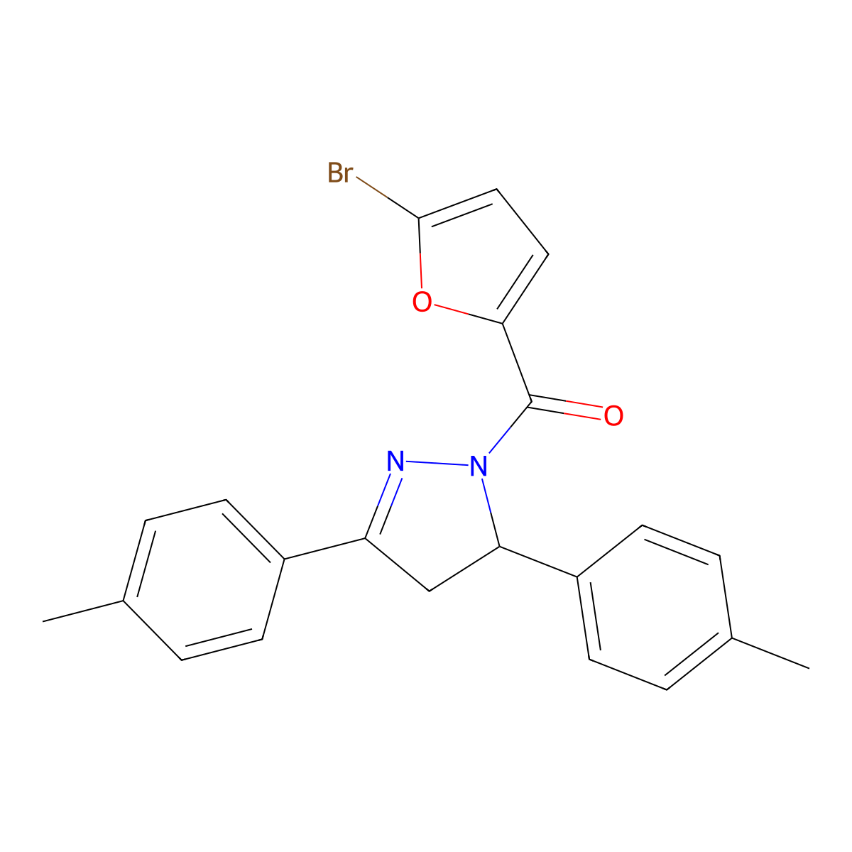 [3,5-Bis(4-methylphenyl)-3,4-dihydropyrazol-2-yl]-(5-bromofuran-2-yl)methanone molecular structure, CAS 361480-32-2
