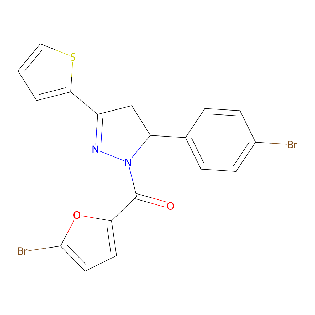 1-(5-bromofuran-2-carbonyl)-5-(4-bromophenyl)-3-(thiophen-2-yl)-4,5-dihydro-1H-pyrazole molecular structure, CAS 361480-33-3