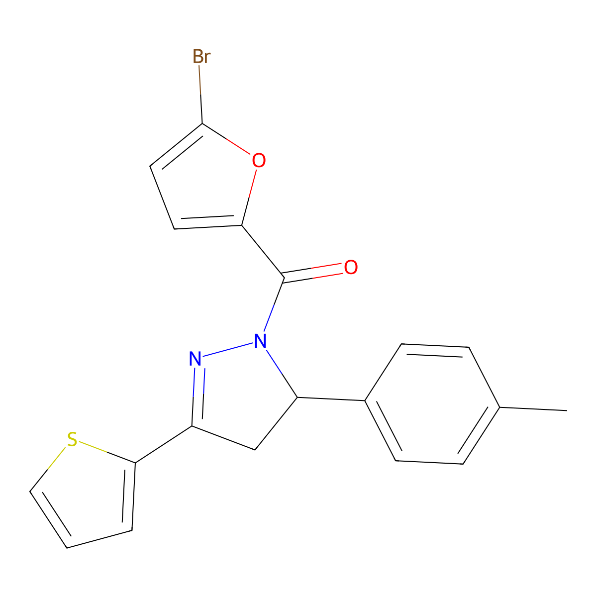 (5-Bromofuran-2-yl)-[3-(4-methylphenyl)-5-thiophen-2-yl-3,4-dihydropyrazol-2-yl]methanone molecular structure, CAS 361480-34-4