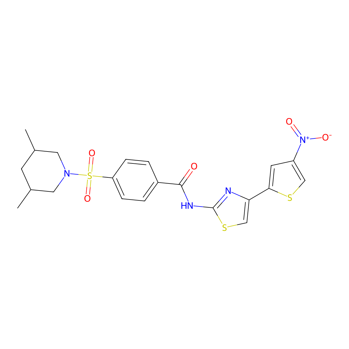 4-((3,5-dimethylpiperidin-1-yl)sulfonyl)-N-(4-(4-nitrothiophen-2-yl)thiazol-2-yl)benzamide molecular structure, CAS 361480-45-7