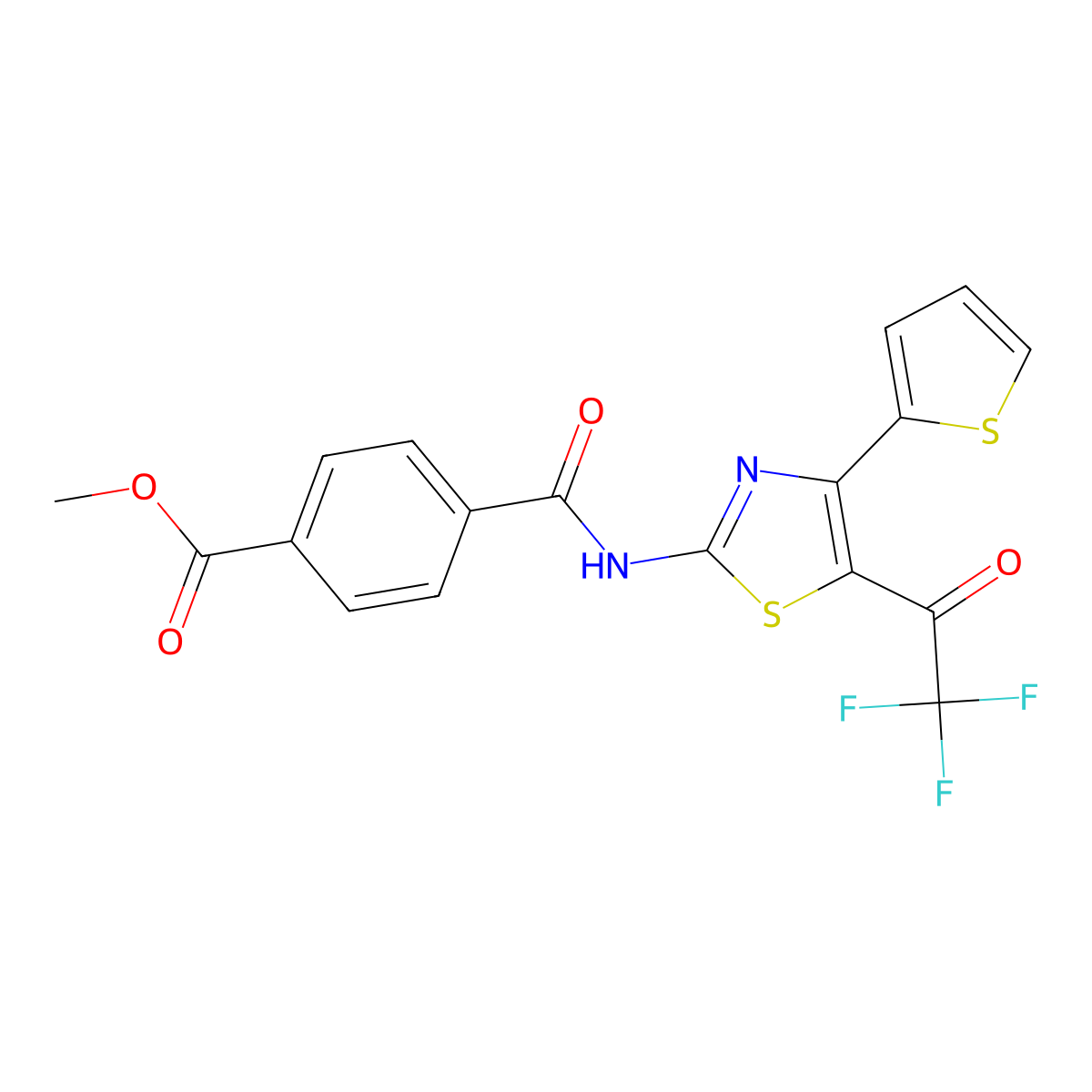 Methyl 4-((4-(thiophen-2-yl)-5-(2,2,2-trifluoroacetyl)thiazol-2-yl)carbamoyl)benzoate molecular structure, CAS 361480-79-7