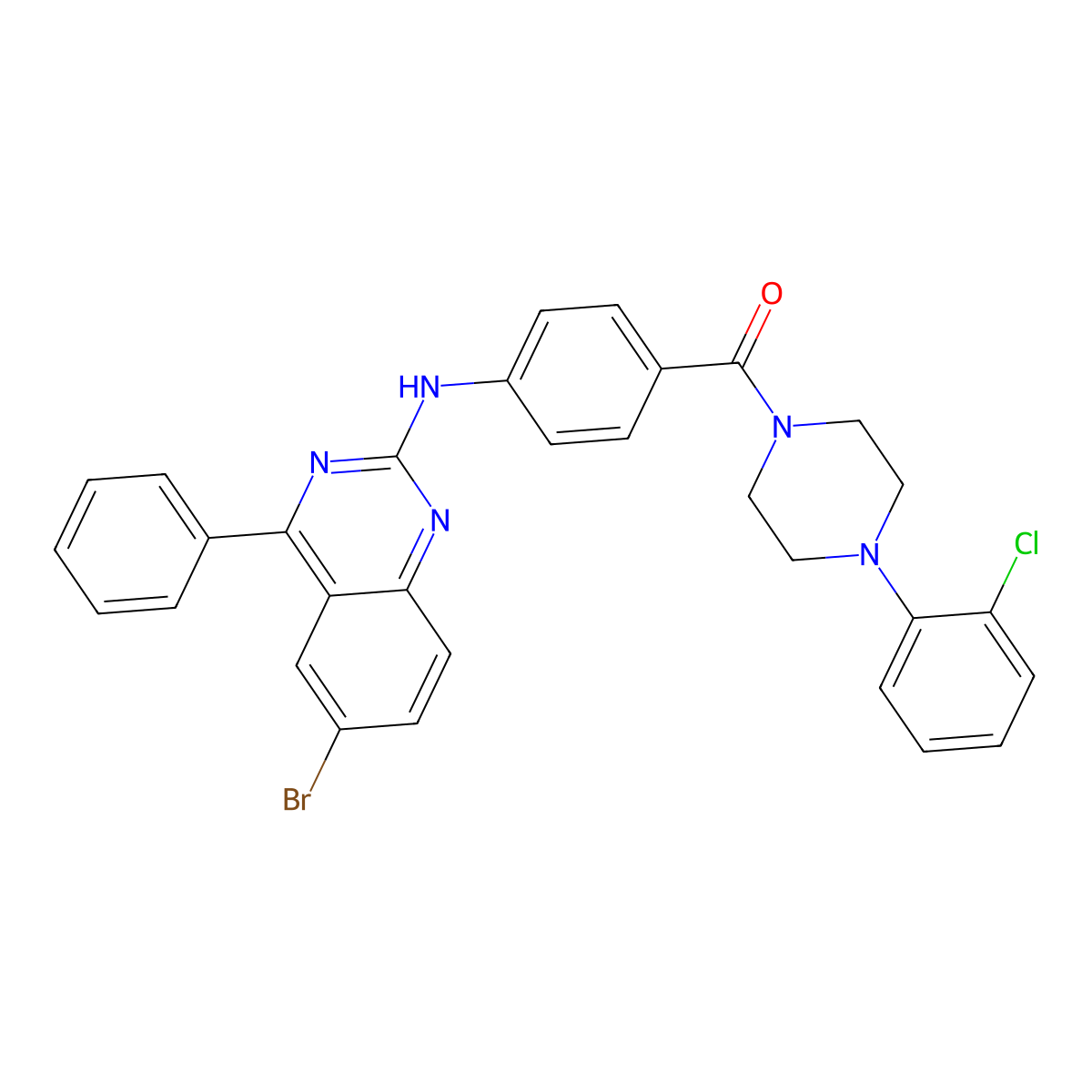 (4-((6-Bromo-4-phenylquinazolin-2-yl)amino)phenyl)(4-(2-chlorophenyl)piperazin-1-yl)methanone molecular structure, CAS 361480-86-6