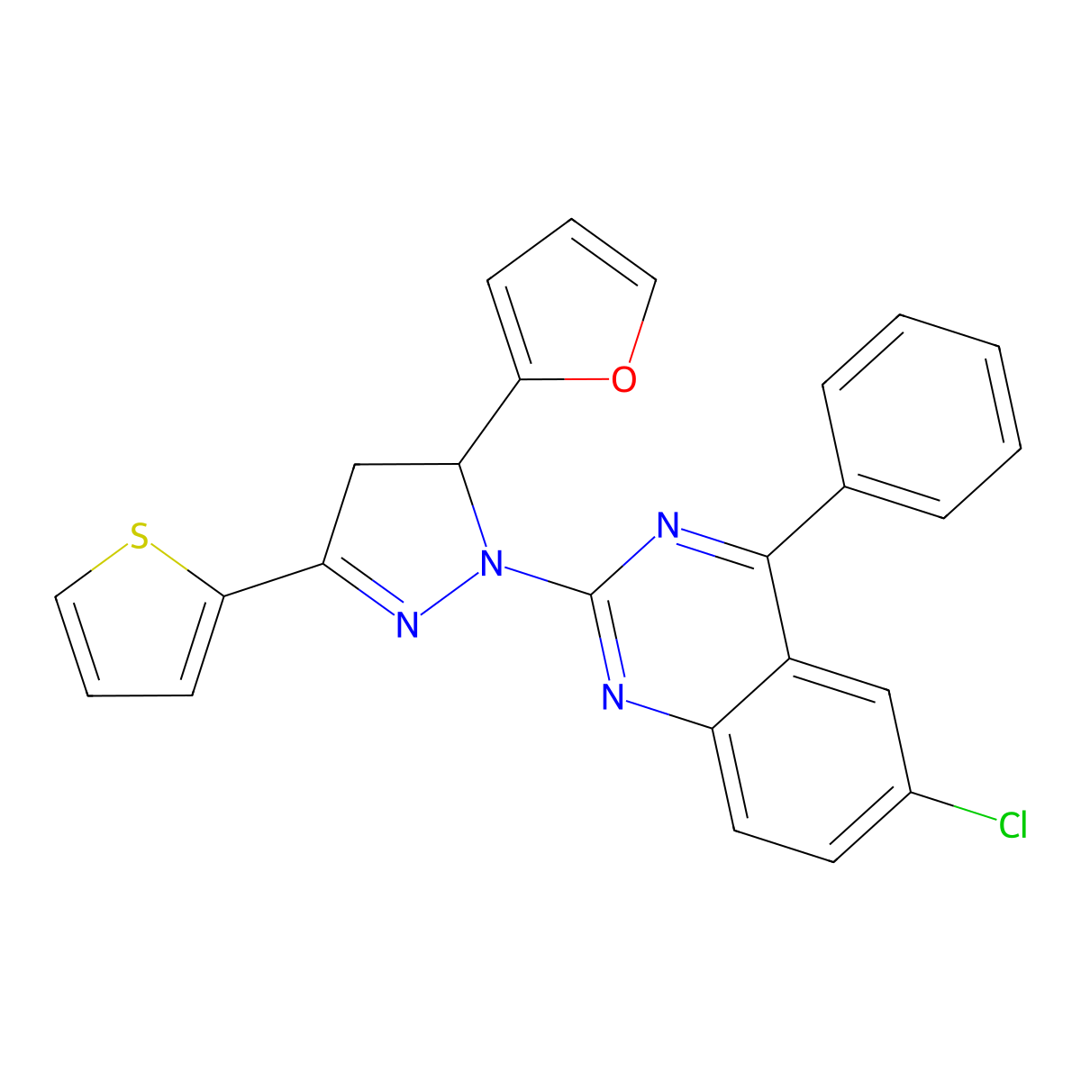 6-chloro-2-(5-(furan-2-yl)-3-(thiophen-2-yl)-4,5-dihydro-1H-pyrazol-1-yl)-4-phenylquinazoline molecular structure, CAS 361480-94-6