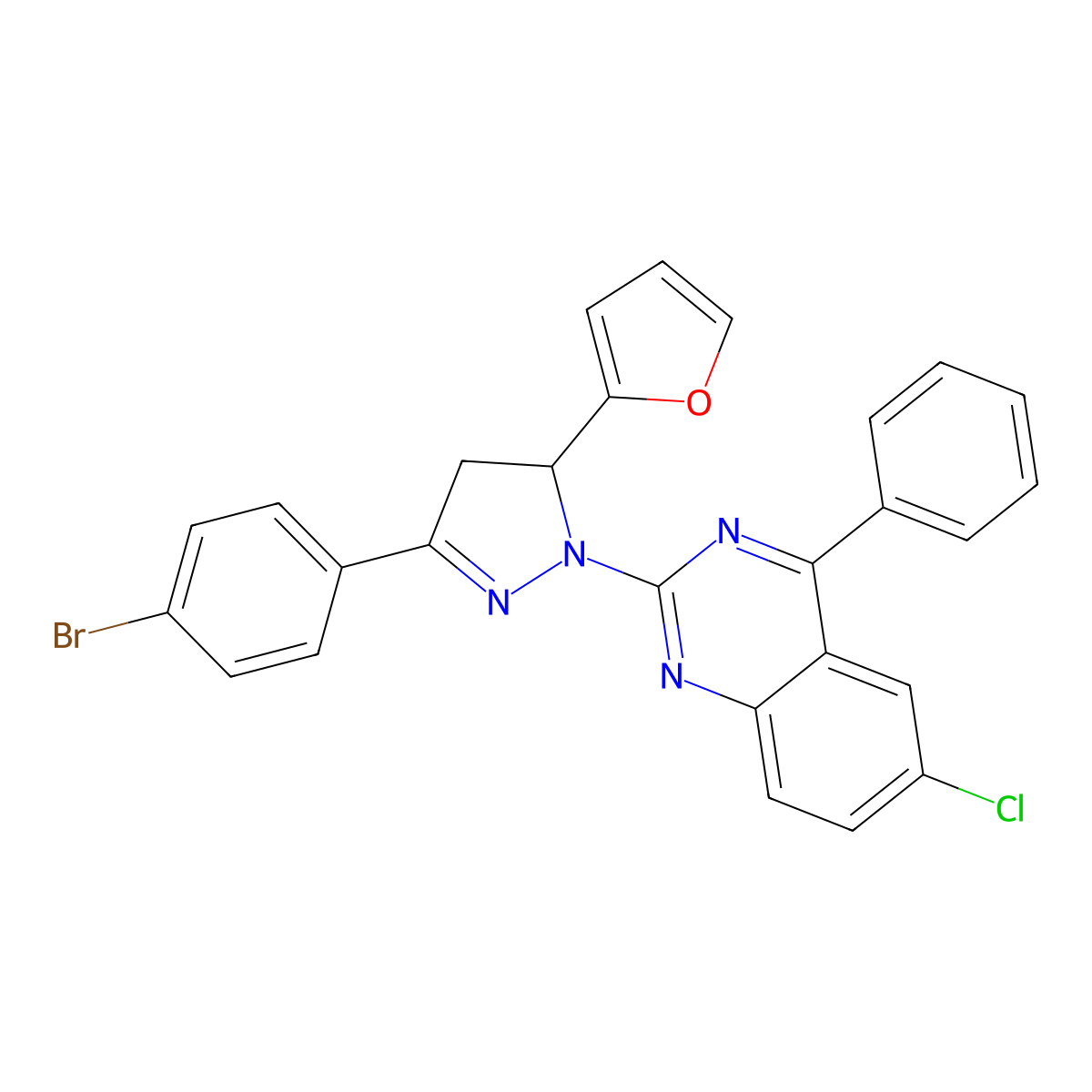2-(3-(4-bromophenyl)-5-(furan-2-yl)-4,5-dihydro-1H-pyrazol-1-yl)-6-chloro-4-phenylquinazoline molecular structure, CAS 361480-95-7
