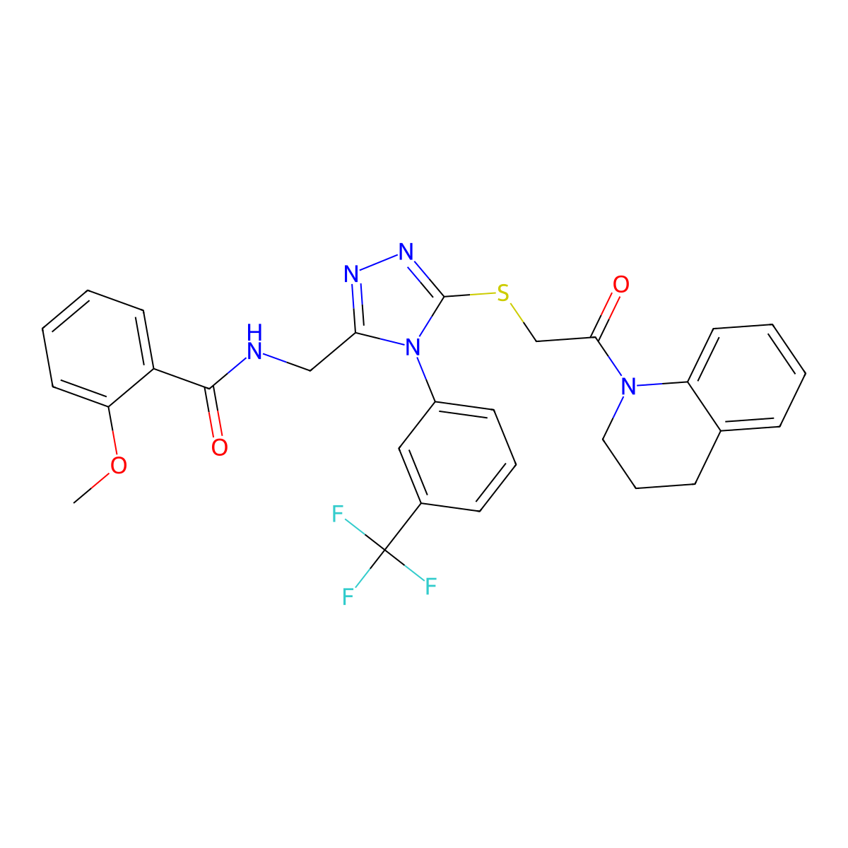 N-((5-((2-(3,4-dihydroquinolin-1(2H)-yl)-2-oxoethyl)thio)-4-(3-(trifluoromethyl)phenyl)-4H-1,2,4-triazol-3-yl)methyl)-2-methoxybenzamide molecular structure, CAS 361481-97-2