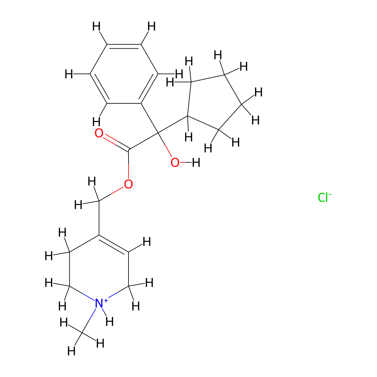 (1-Methyl-1,2,3,6-tetrahydropyridin-4-yl)methyl cyclopentyl(hydroxy)phenylacetate--hydrogen chloride (1/1) molecular structure, CAS 36174-87-5