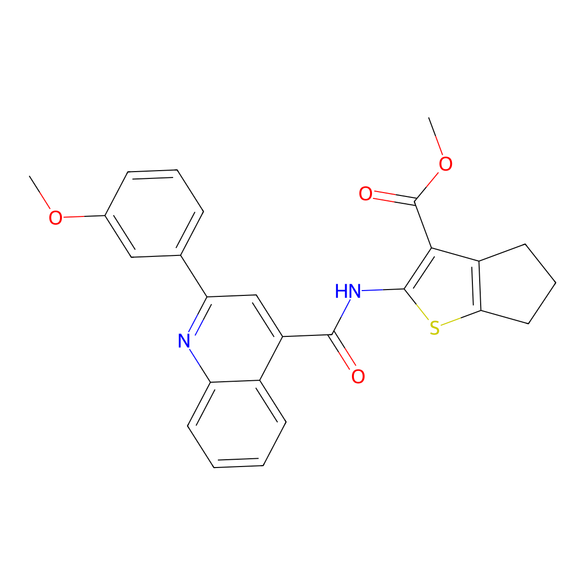 methyl 2-({[2-(3-methoxyphenyl)quinolin-4-yl]carbonyl}amino)-5,6-dihydro-4H-cyclopenta[b]thiophene-3-carboxylate molecular structure, CAS 361982-95-8