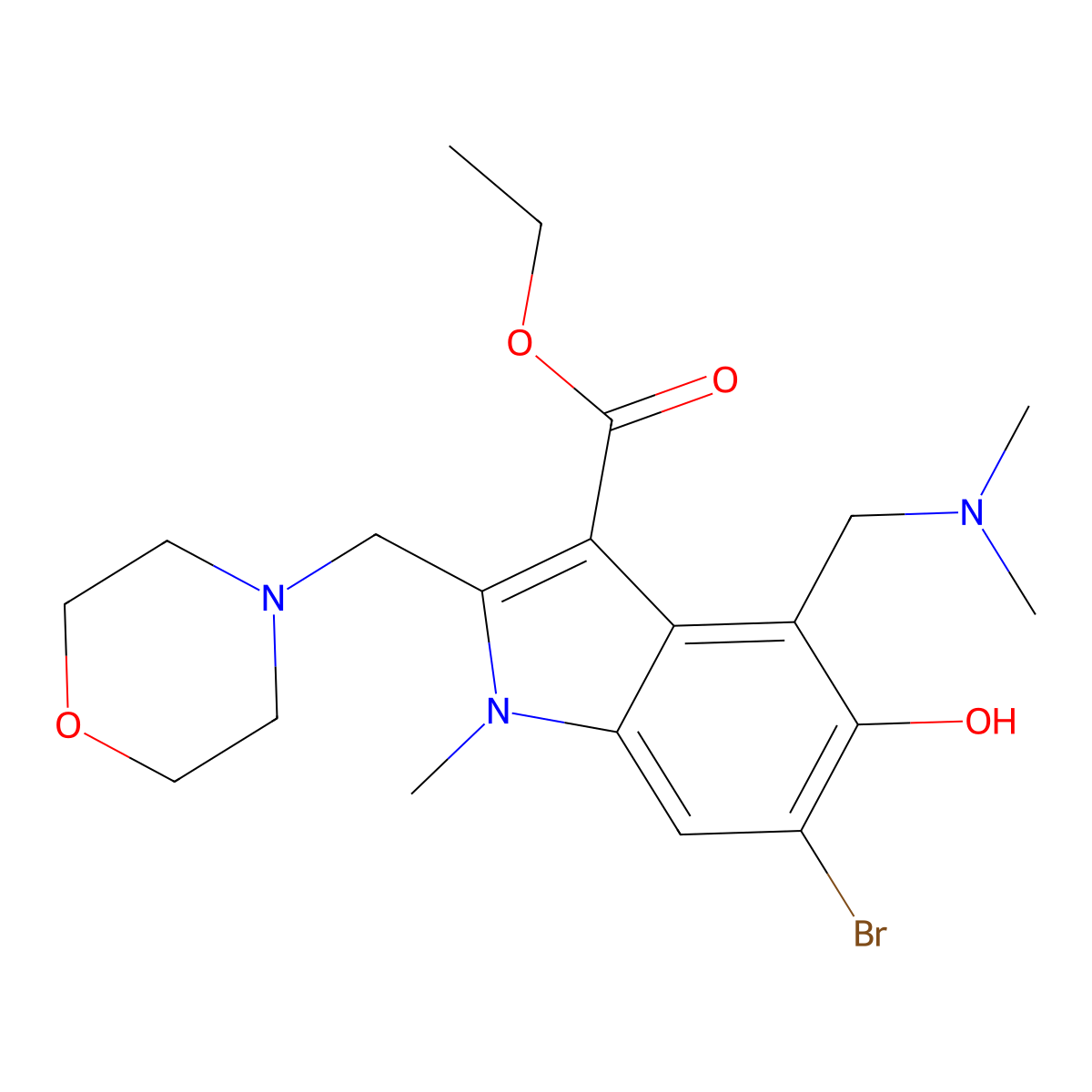 ethyl 6-bromo-4-[(dimethylamino)methyl]-5-hydroxy-1-methyl-2-(morpholin-4-ylmethyl)-1H-indole-3-carboxylate molecular structure, CAS 361987-42-0