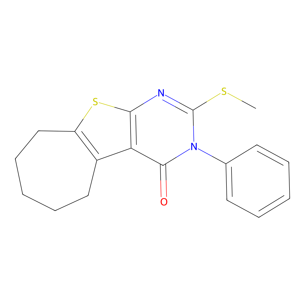 2-(methylsulfanyl)-3-phenyl-3,5,6,7,8,9-hexahydro-4H-cyclohepta[4,5]thieno[2,3-d]pyrimidin-4-one molecular structure, CAS 361992-15-6