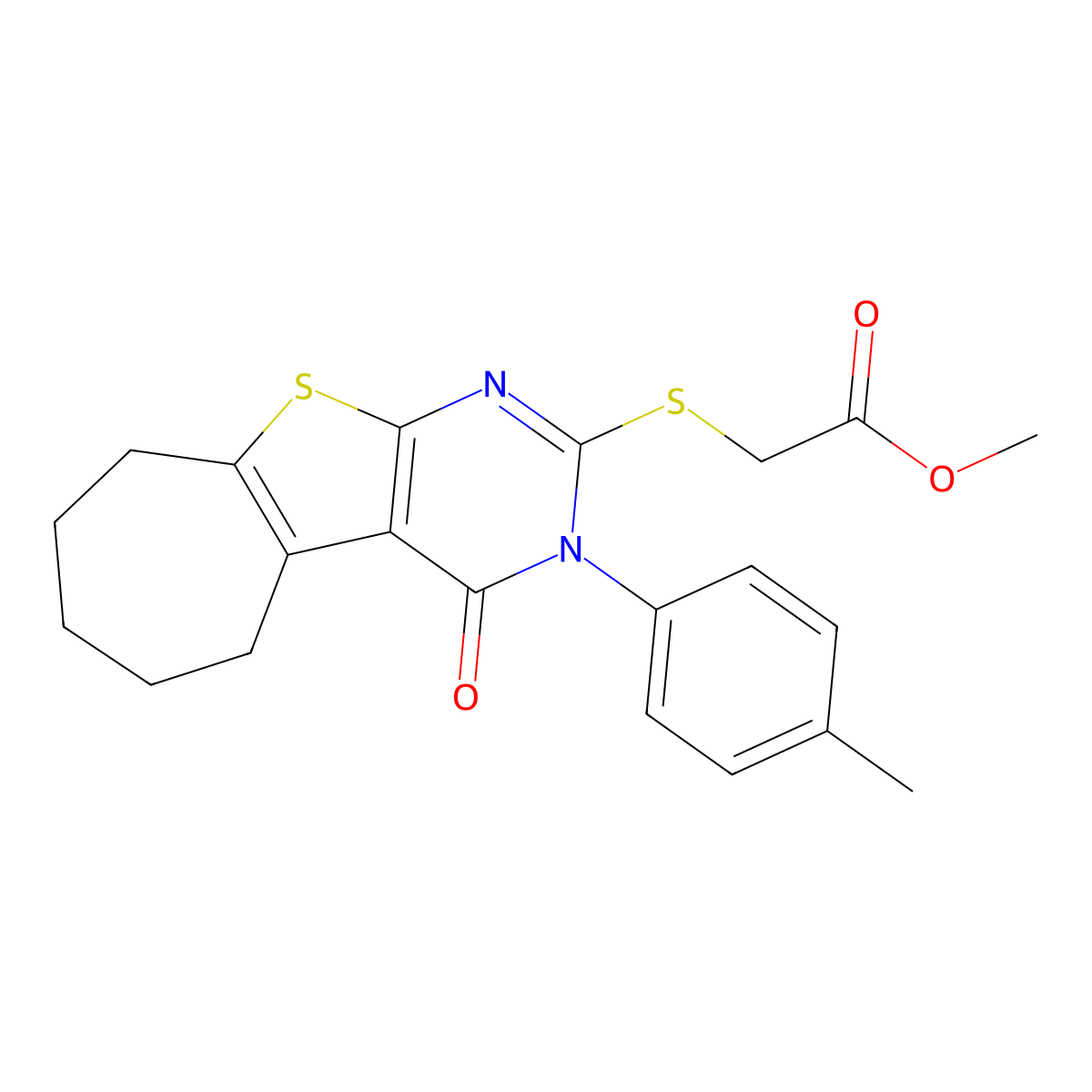 methyl 2-[[3-(4-methylphenyl)-4-oxo-6,7,8,9-tetrahydro-5H-cyclohepta[2,3]thieno[2,4-b]pyrimidin-2-yl]sulfanyl]acetate molecular structure, CAS 361992-19-0