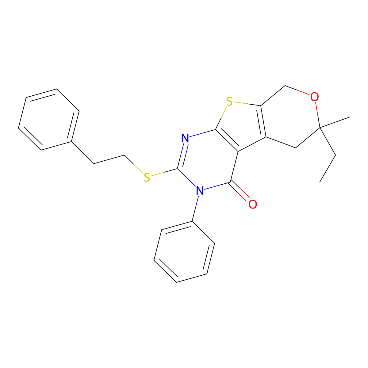 6-ethyl-6-methyl-3-phenyl-2-[(2-phenylethyl)sulfanyl]-3,5,6,8-tetrahydro-4H-pyrano[4',3':4,5]thieno[2,3-d]pyrimidin-4-one molecular structure, CAS 361993-07-9
