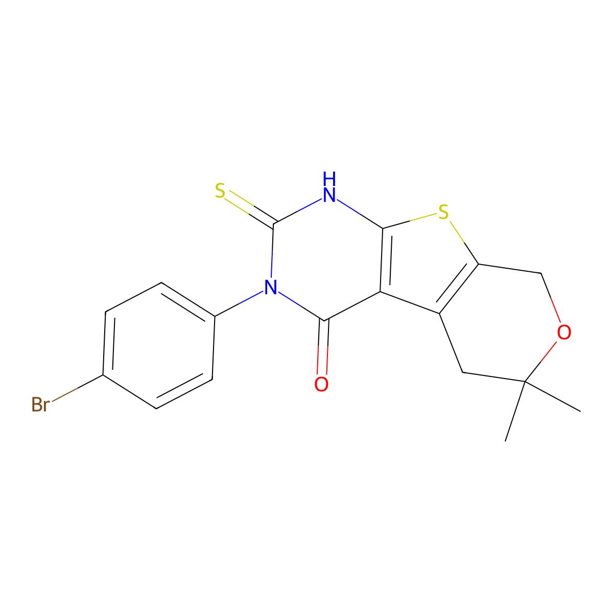 3-(4-bromophenyl)-6,6-dimethyl-2-thioxo-1,2,3,5,6,8-hexahydro-4H-pyrano[4',3':4,5]thieno[2,3-d]pyrimidin-4-one molecular structure, CAS 361993-46-6