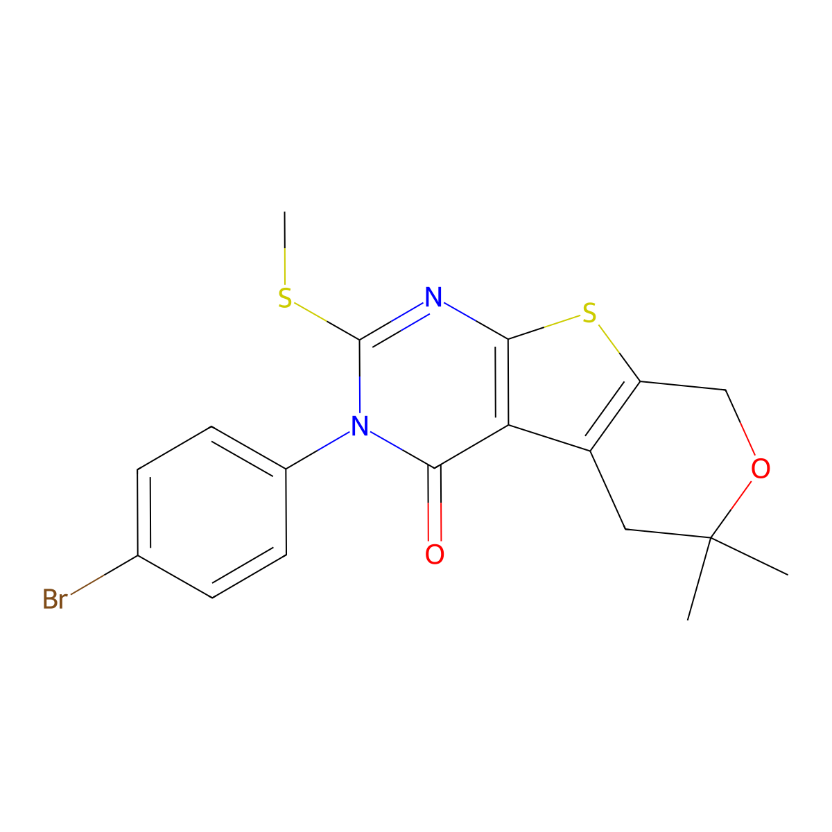 3-(4-bromophenyl)-6,6-dimethyl-2-(methylsulfanyl)-3,5,6,8-tetrahydro-4H-pyrano[4',3':4,5]thieno[2,3-d]pyrimidin-4-one molecular structure, CAS 361993-61-5