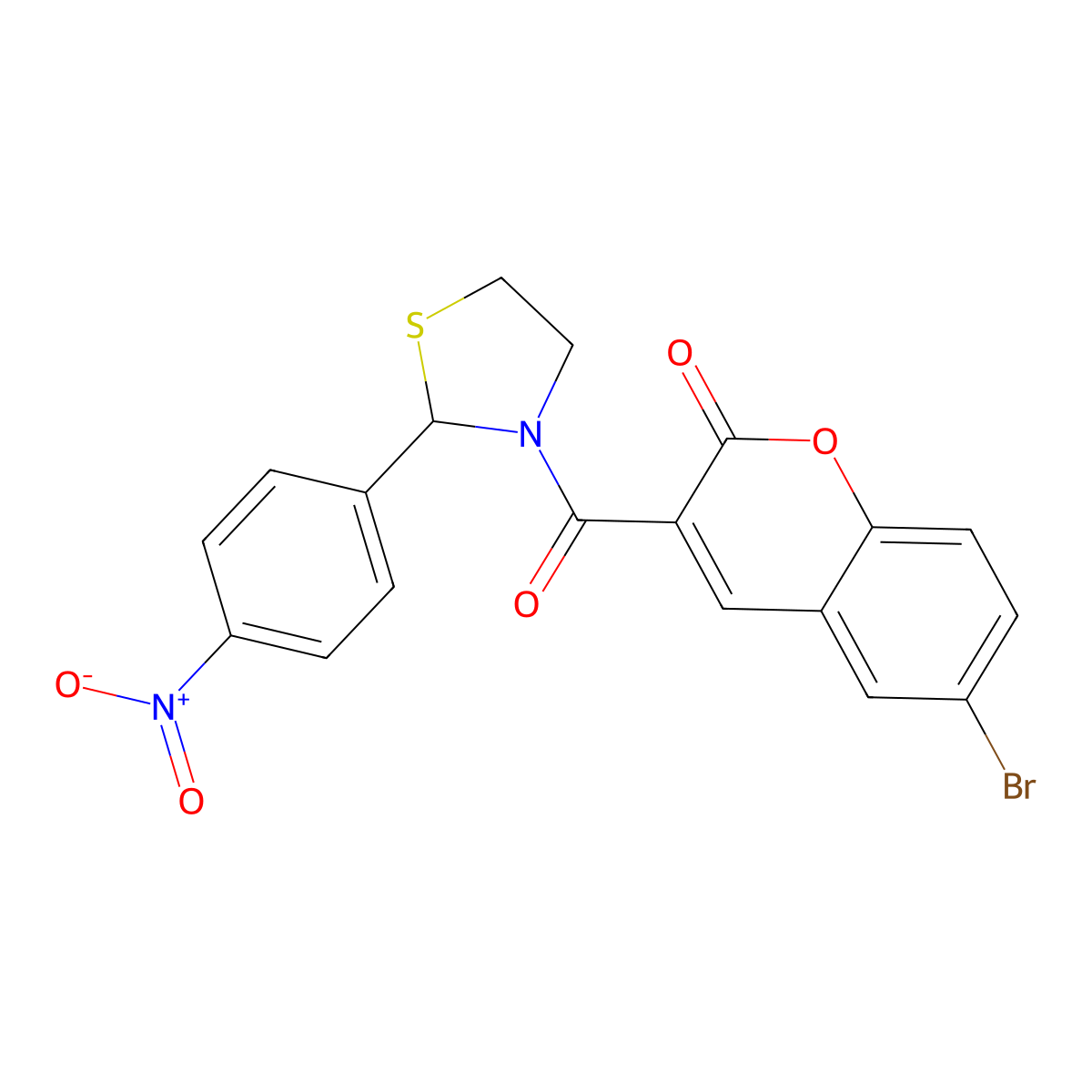 6-bromo-3-(2-(4-nitrophenyl)thiazolidine-3-carbonyl)-2H-chromen-2-one molecular structure, CAS 361995-28-0