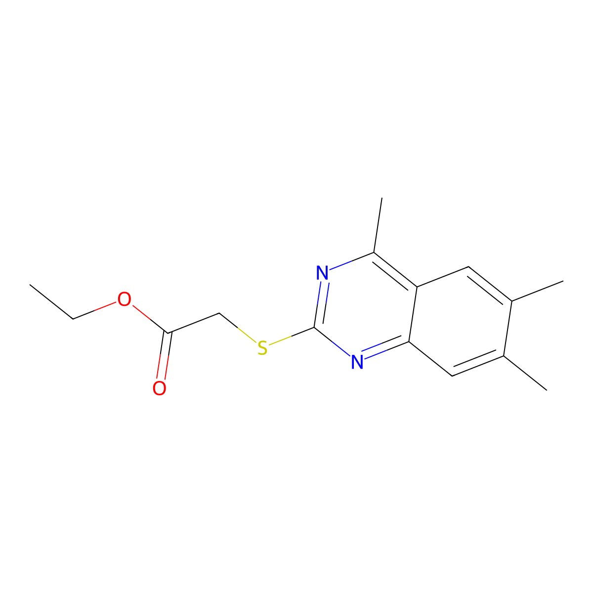 (4,6,7-Trimethyl-quinazolin-2-ylsulfanyl)-acetic acid ethyl ester molecular structure, CAS 361999-48-6