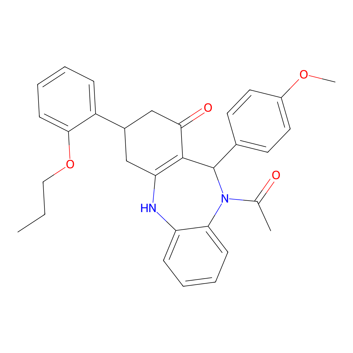 5-acetyl-6-(4-methoxyphenyl)-9-(2-propoxyphenyl)-8,9,10,11-tetrahydro-6H-benzo[b][1,4]benzodiazepin-7-one molecular structure, CAS 362000-77-9