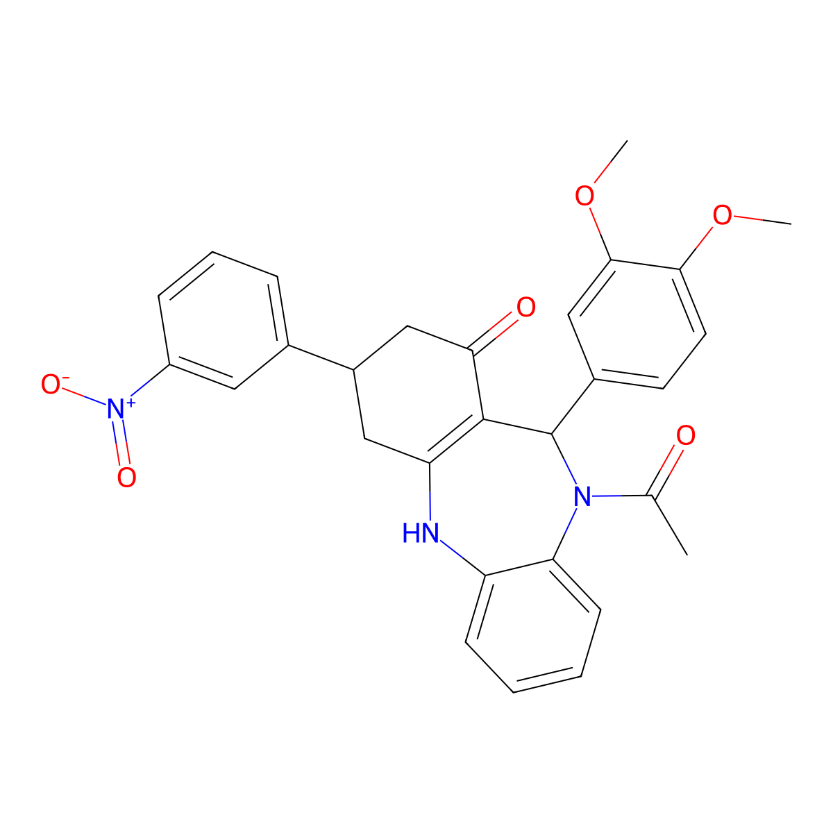 5-acetyl-6-(3,4-dimethoxyphenyl)-9-(3-nitrophenyl)-8,9,10,11-tetrahydro-6H-benzo[b][1,4]benzodiazepin-7-one molecular structure, CAS 362001-05-6