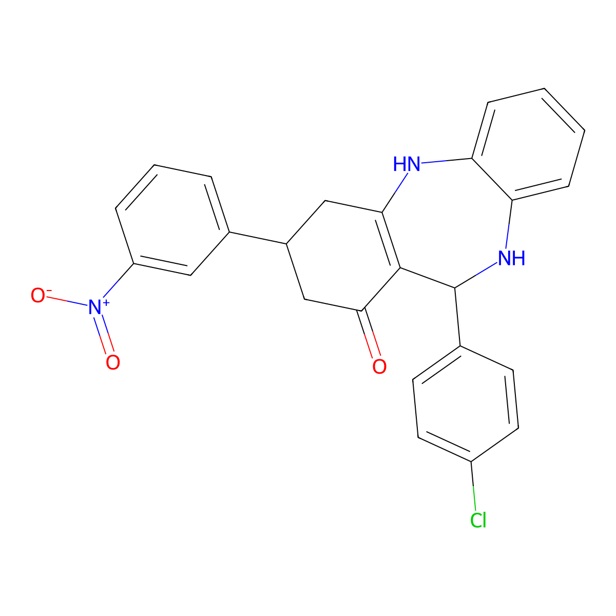 6-(4-Chlorophenyl)-9-(3-nitrophenyl)-5,6,8,9,10,11-hexahydrobenzo[b][1,4]benzodiazepin-7-one molecular structure, CAS 362001-11-4