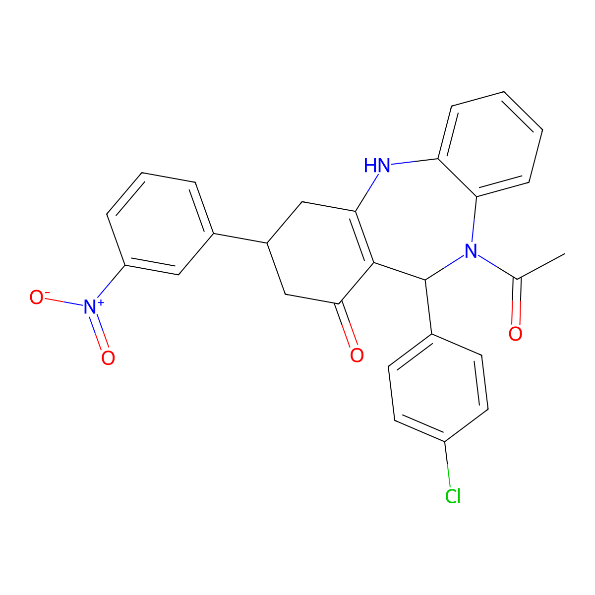 5-acetyl-6-(4-chlorophenyl)-9-(3-nitrophenyl)-8,9,10,11-tetrahydro-6H-benzo[b][1,4]benzodiazepin-7-one molecular structure, CAS 362001-17-0