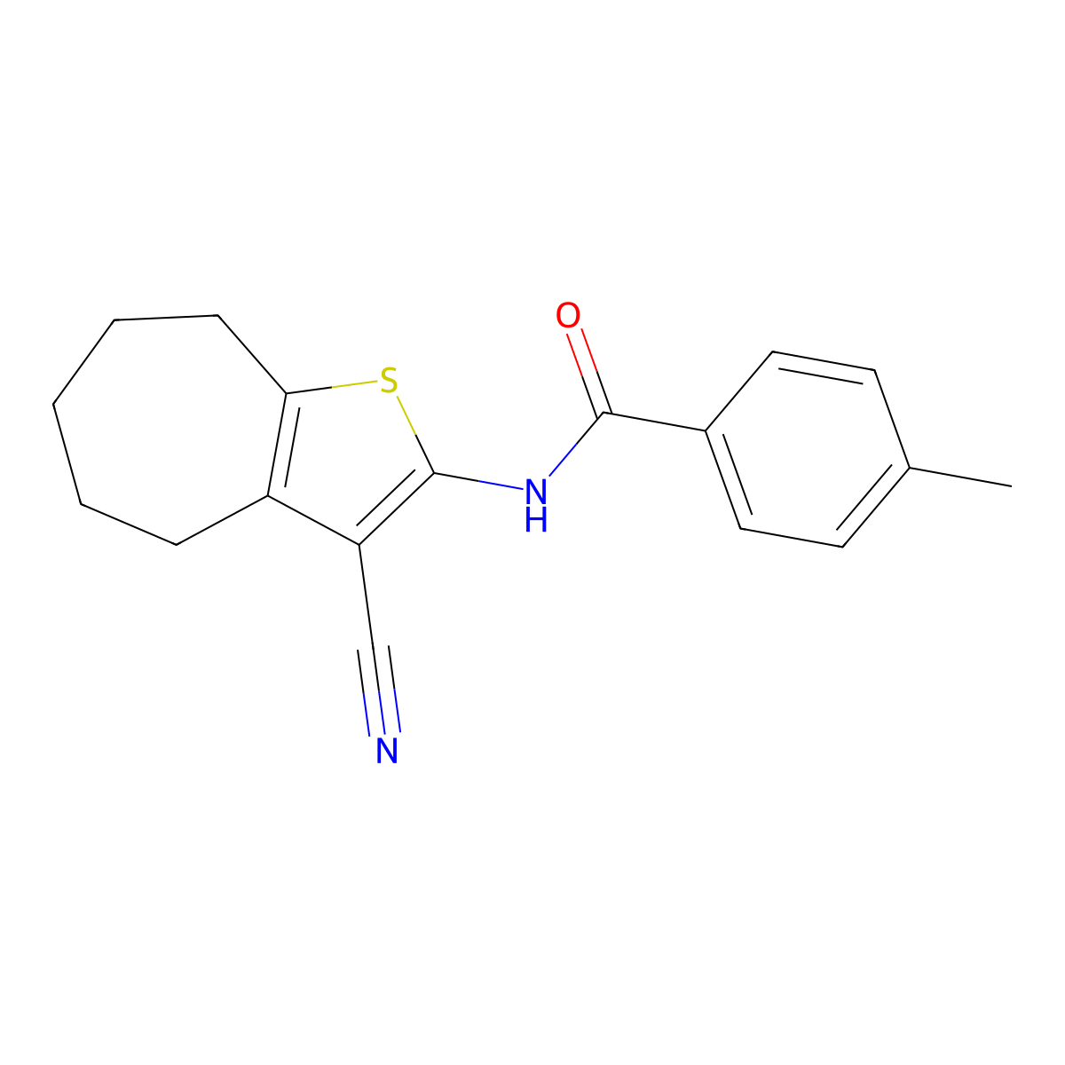 N-(3-cyano-5,6,7,8-tetrahydro-4H-cyclohepta[b]thiophen-2-yl)-4-methylbenzamide molecular structure, CAS 362473-18-5