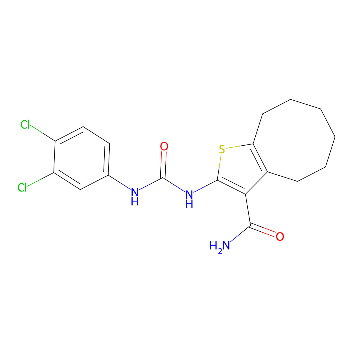 2-[(3,4-Dichlorophenyl)carbamoylamino]-4,5,6,7,8,9-hexahydrocycloocta[b]thiophene-3-carboxamide molecular structure, CAS 362476-01-5